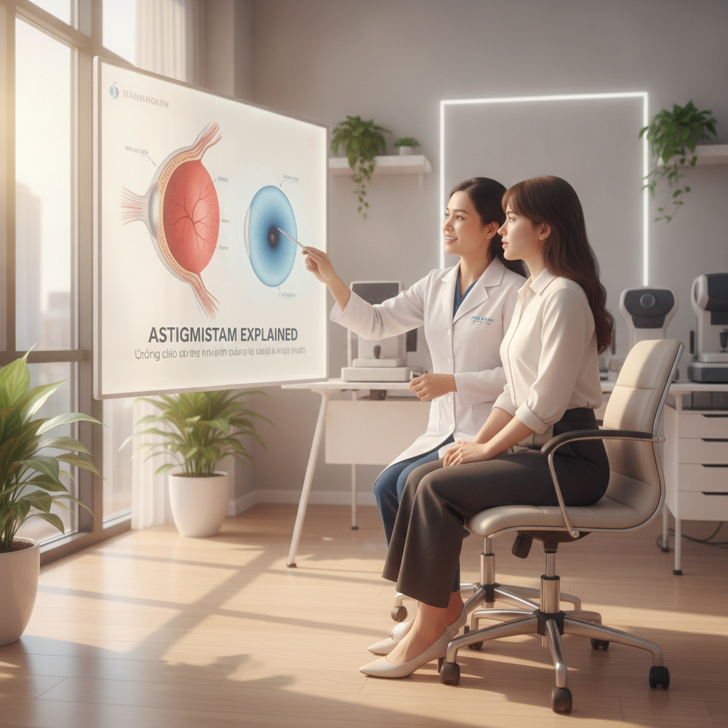 Bác sĩ mắt giải thích nguyên nhân loạn thị cho bệnh nhân