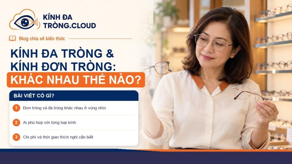 Người phụ nữ so sánh kính đa tròng và kính đơn tròng tại cửa hàng kính